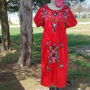 Vibrant Women's Red Embroidered Mexican Folk Dress